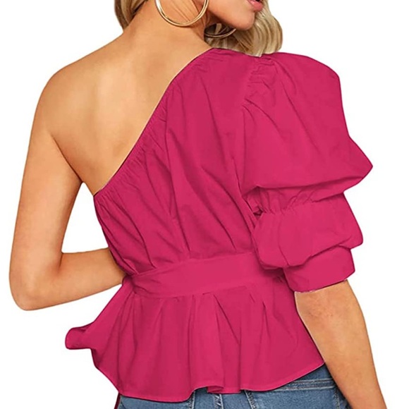 NWOT Women's One Shoulder Short Puff Sleeve Self Belted Solid Blouse Top - Picture 11 of 15